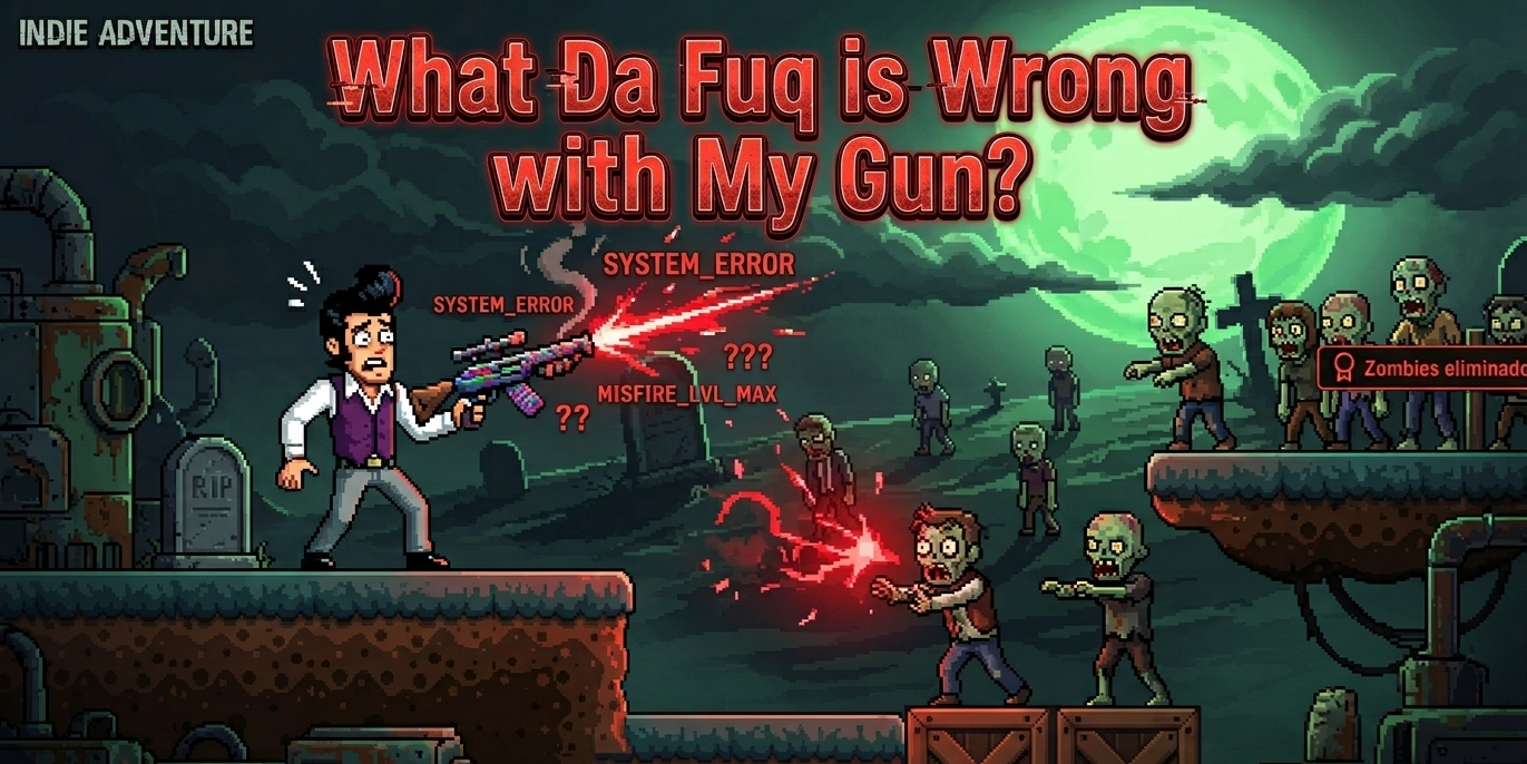 Captura de pantalla de What Dafuq Is Wrong With My Gun? — escena de juego 2D pixel art con mensajes de error emergentes