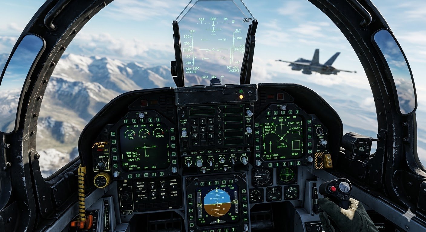 Captura de cockpit fotorrealista de Last Flight — simulación de vuelo con montañas al fondo